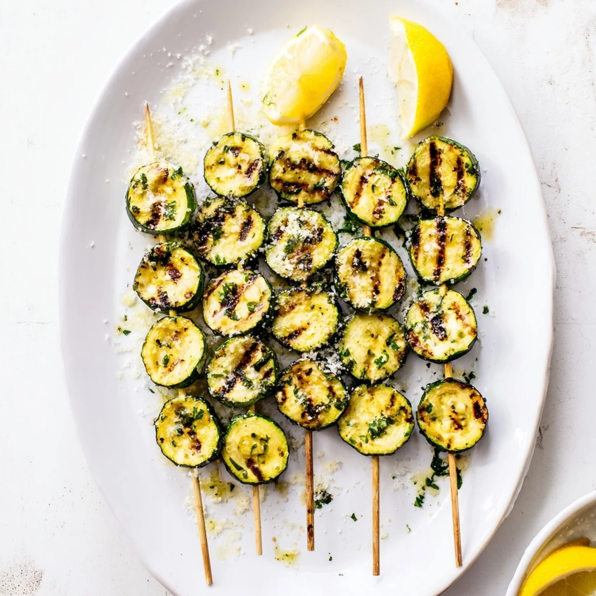 Grilled zucchini skewers with melted garlic butter and fresh parsley on a summer patio table.  