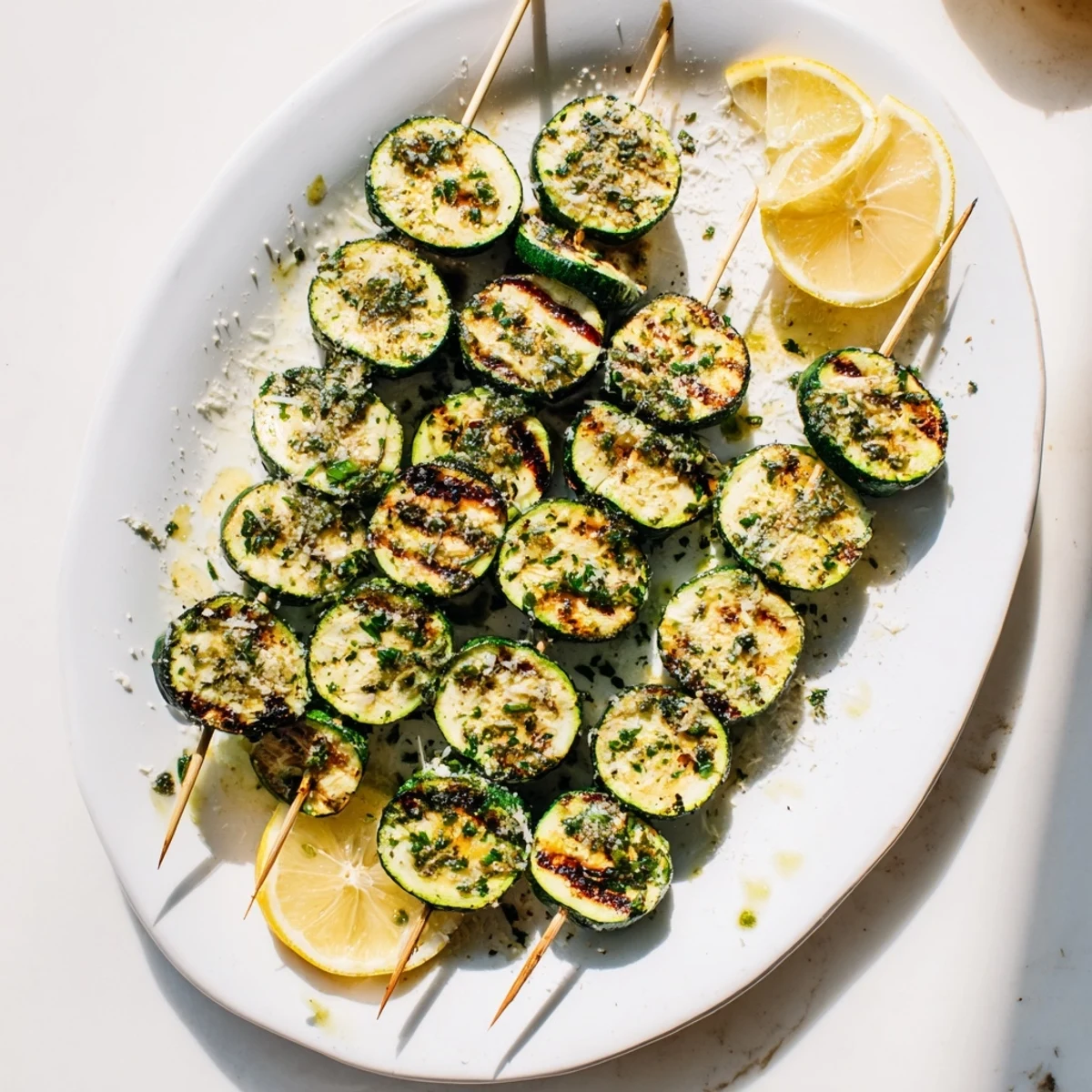 Garlic Butter Zucchini Skewers served with lemon wedges for a Mediterranean-style vegetarian side.