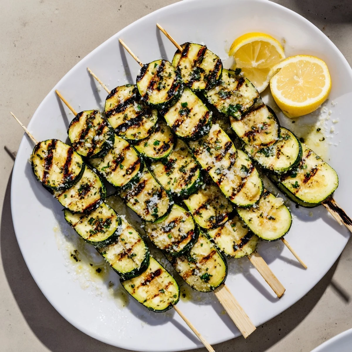 Juicy zucchini rounds, charred on the grill and brushed with fragrant garlic butter sauce.  