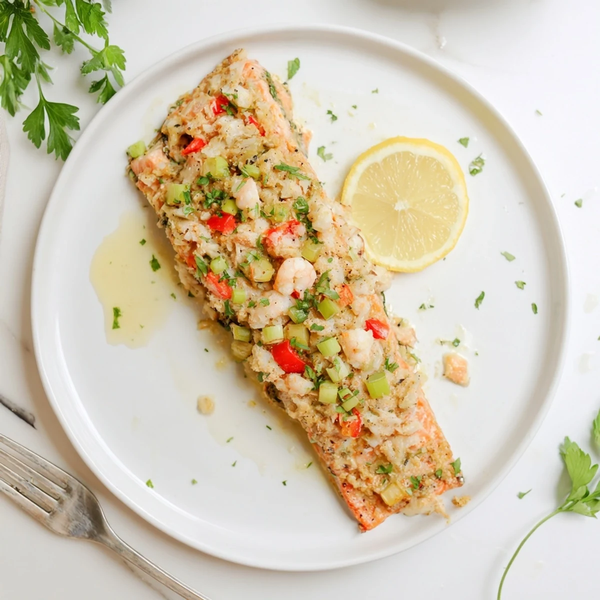 Golden-baked Crab & Shrimp Stuffed Salmon fillets served with lemon wedges on a rustic plate, flaky fish with a savory seafood filling.