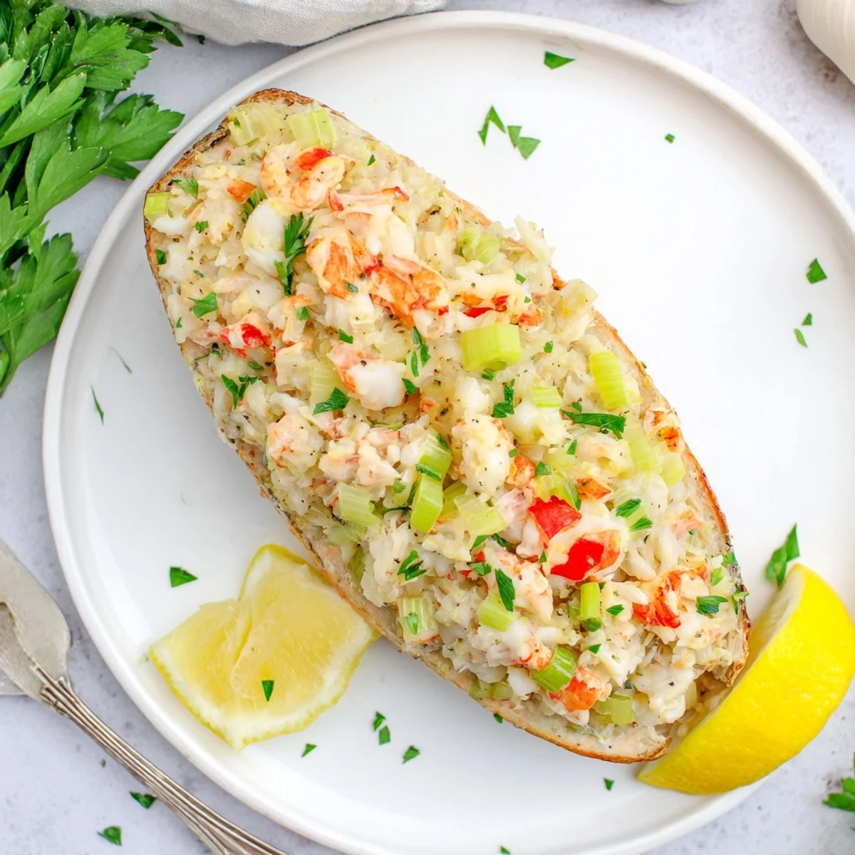 Appetizing plate of Crab & Shrimp Stuffed Salmon alongside asparagus and wild rice, perfect for a pescatarian main course dinner.