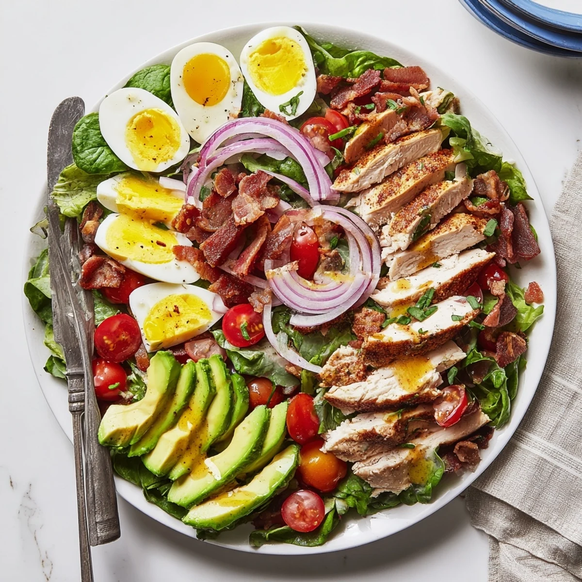Paleo Grilled Chicken Cobb Salad With Honey Dijon Dressing features smoky grilled chicken slices and crispy bacon on fresh greens.