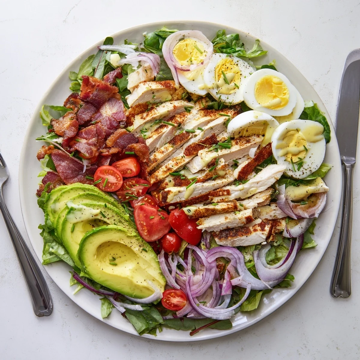 A hearty Paleo Grilled Chicken Cobb Salad With Honey Dijon Dressing drizzled with tangy dressing, perfect for a grain-free meal.