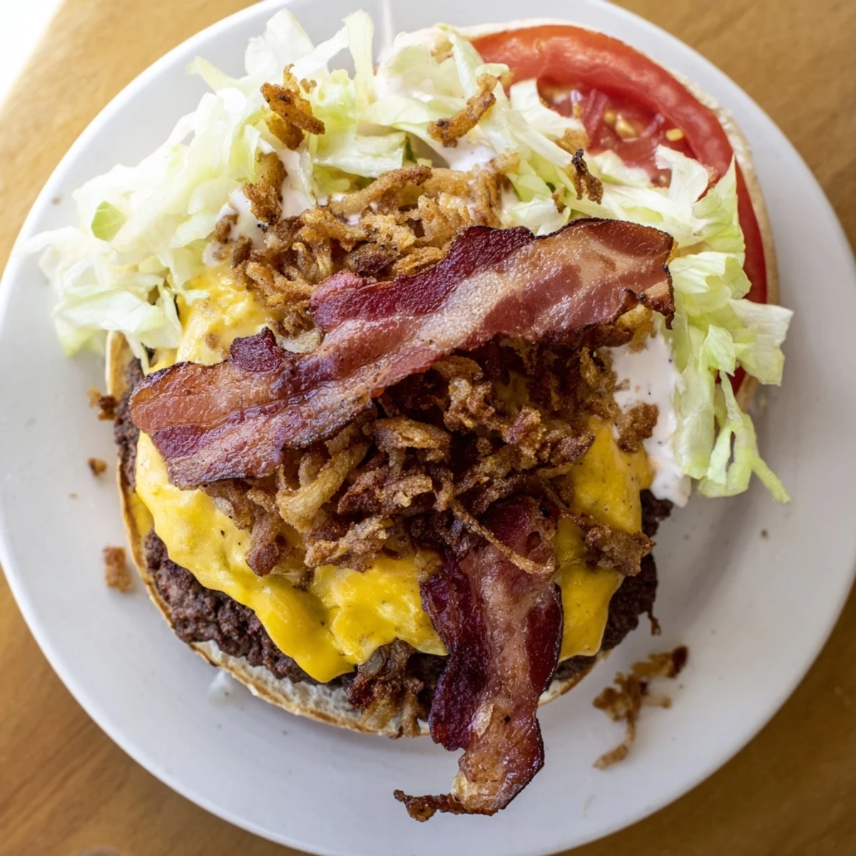 Golden toasted buns hold succulent Crack Burgers with ranch sauce, bacon, and onions for a classic American bite.
