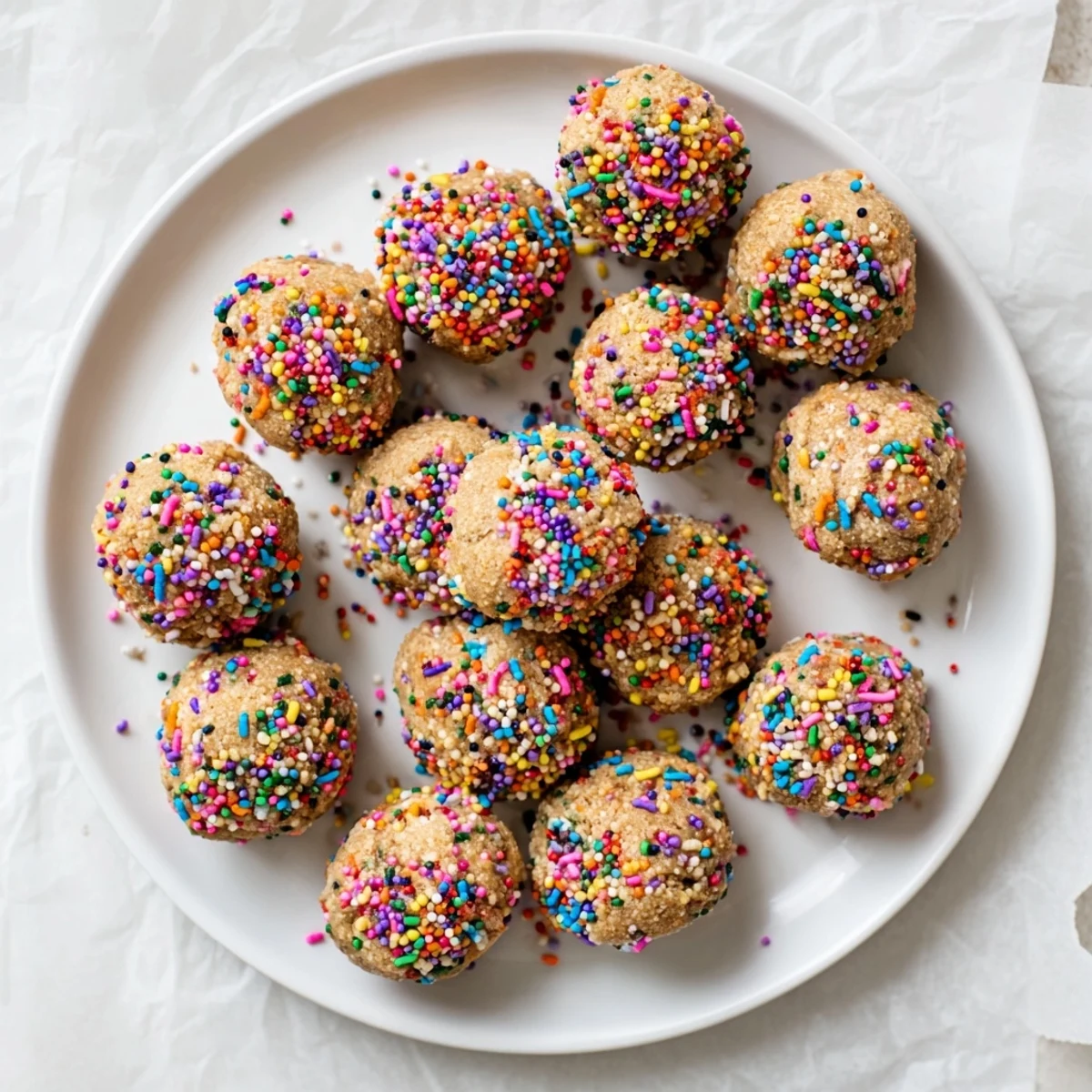 Colorful Birthday Cake Batter Protein Balls arranged on a white plate, featuring rainbow sprinkles and a soft, chewy texture perfect for a healthy snack.