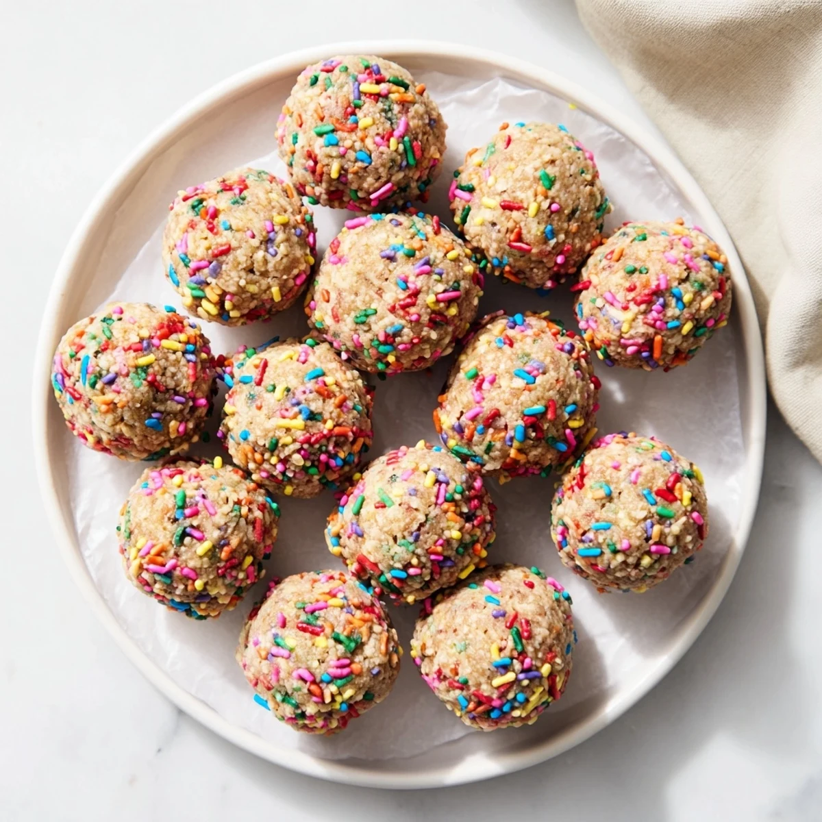 A close-up of Birthday Cake Batter Protein Balls with visible vanilla flecks and vibrant sprinkles, ready to serve after a quick 15-minute preparation.