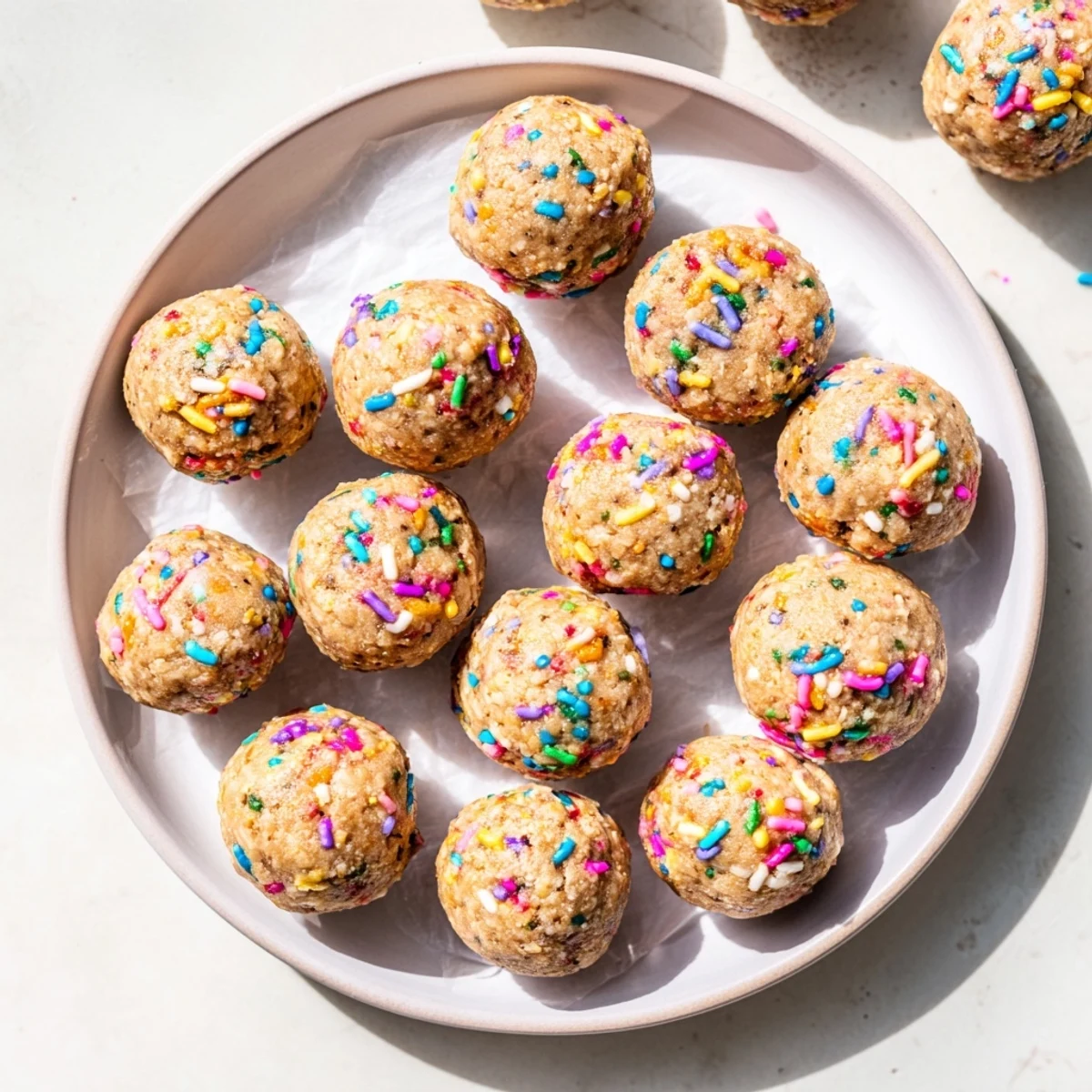 Homemade Birthday Cake Batter Protein Balls in a glass container, showcasing their no-bake, gluten-free quality ideal for a vegetarian dessert or mid-day energy boost.