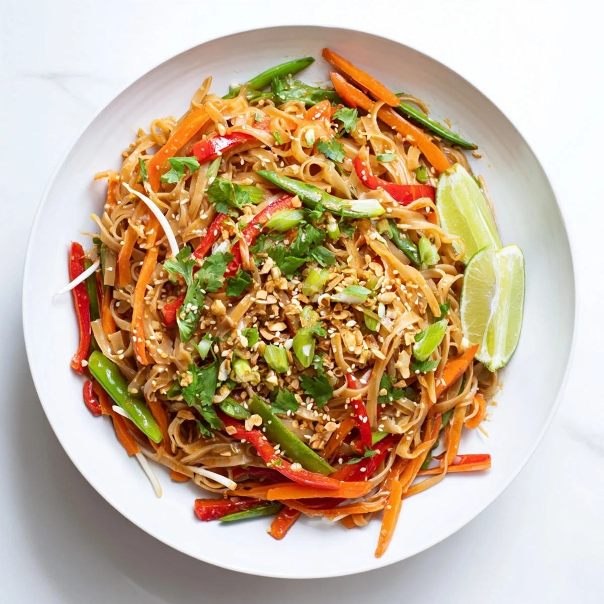 A close-up photo shows Rice Noodle Stir Fry with colorful veggies, cilantro, and sesame seeds in a wok. 