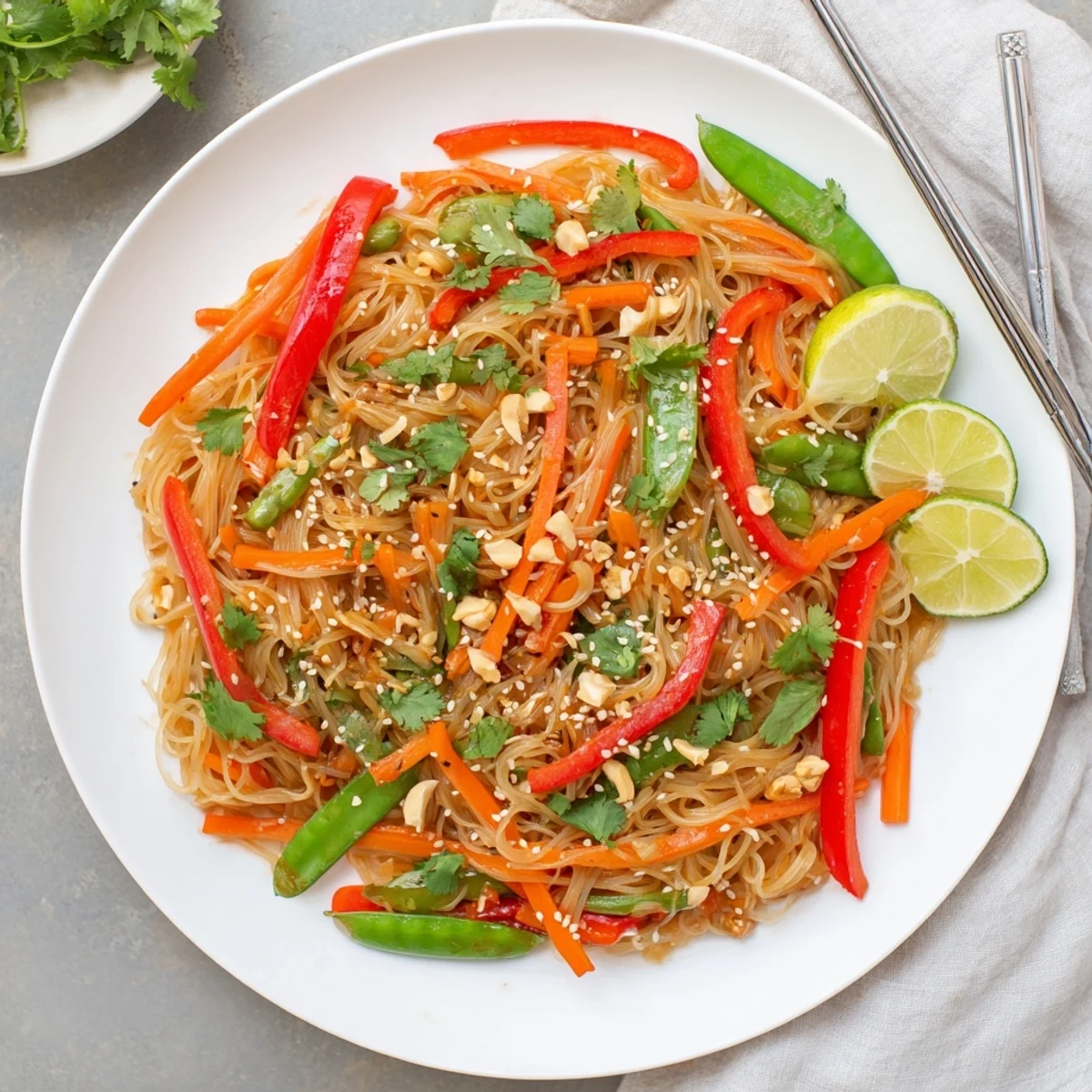 Steam rises from a bowl of Rice Noodle Stir Fry with crisp vegetables and savory soy-based sauce.