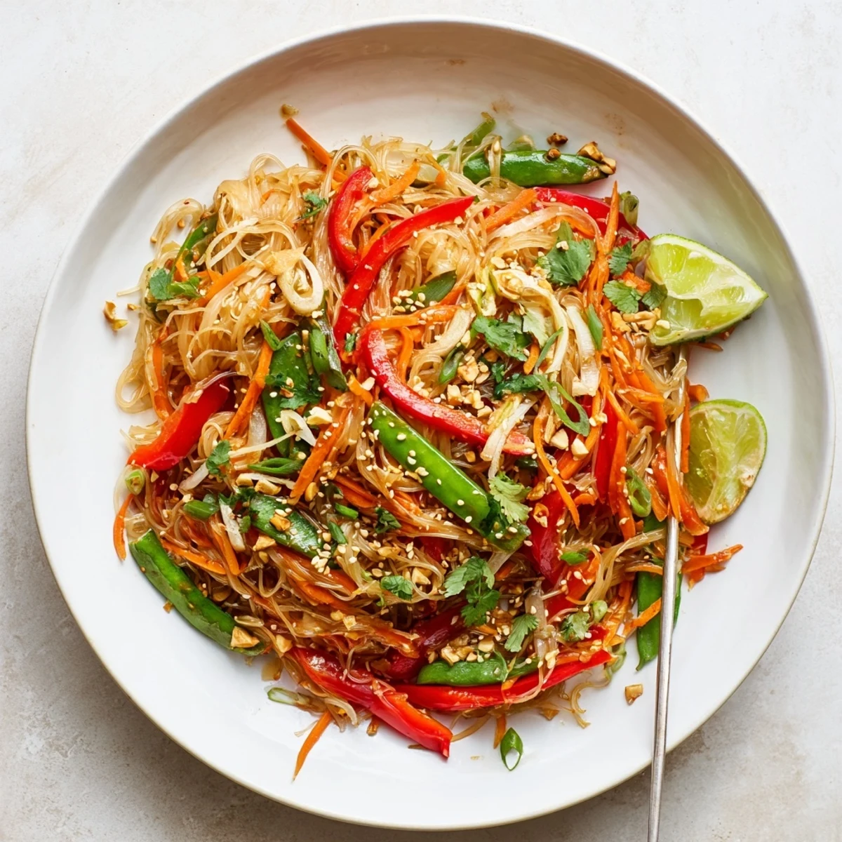 Overhead view of Rice Noodle Stir Fry garnished with lime wedges and fresh herbs, served on a white plate. 