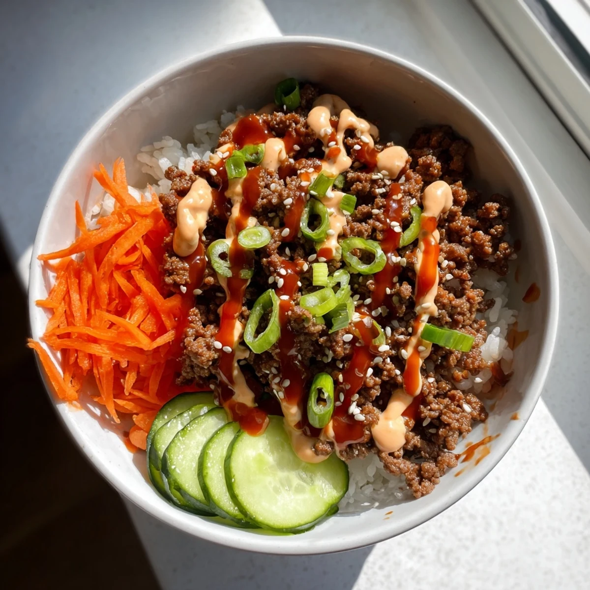 Korean Beef Bowl with Spicy Mayo features vibrant shredded carrots, cucumber slices, and a creamy drizzle over warm rice for a quick, satisfying meal.