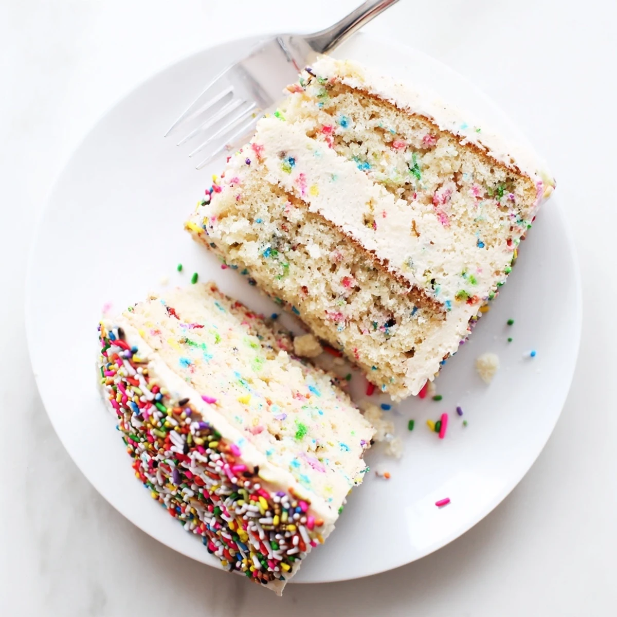 Moist, fluffy slices of Gluten-Free Funfetti Birthday Cake show colorful sprinkles studding tender vanilla layers.