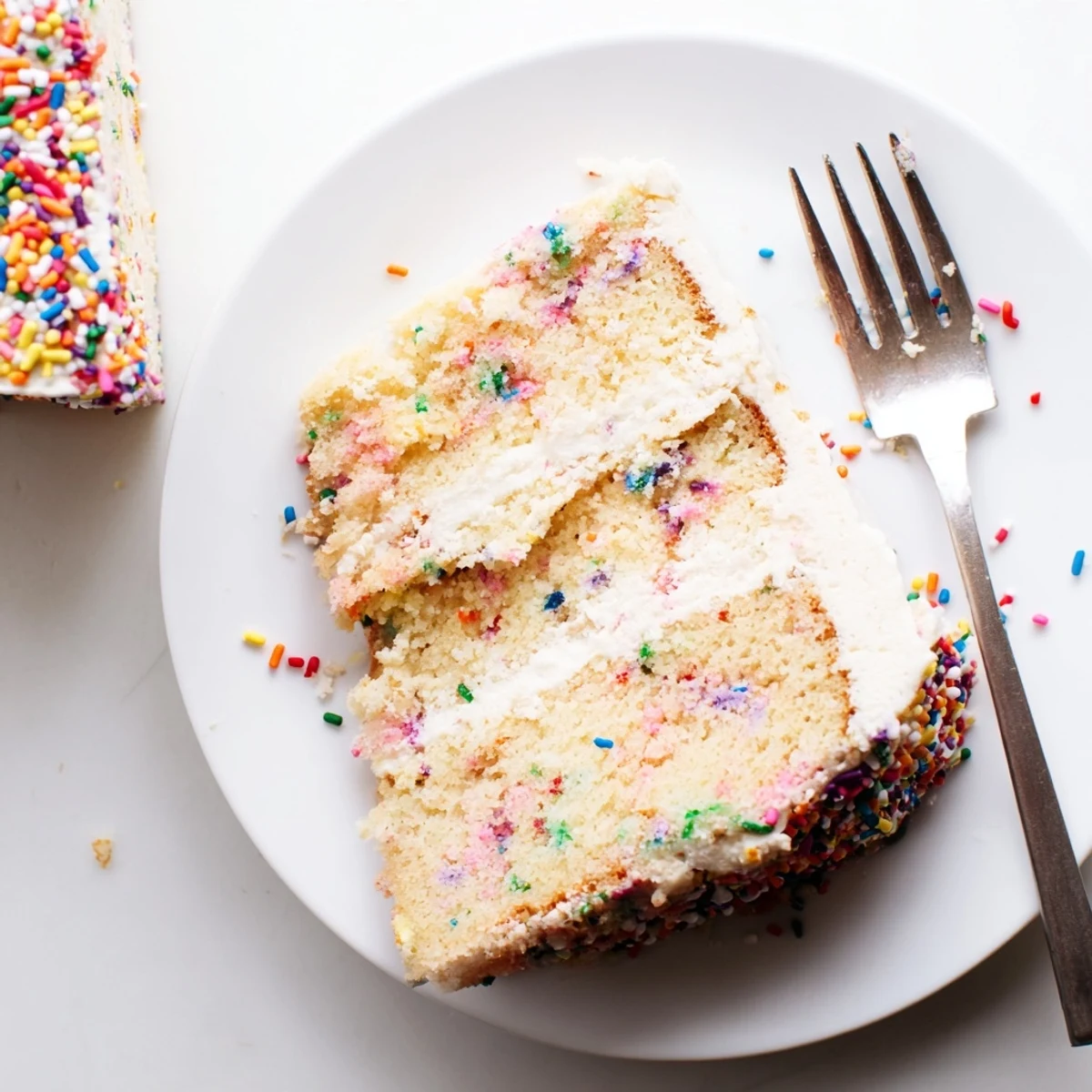 Two-layer Gluten-Free Funfetti Birthday Cake on a stand, sprinkles scattered on top and around serving plate.