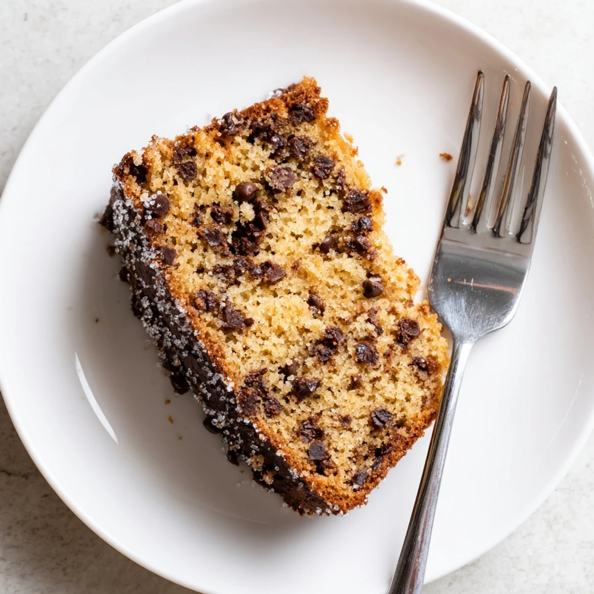 Slice of Chocolate Chip Cake showing tender crumb and melty chocolate chips, ready to enjoy at a gathering.  