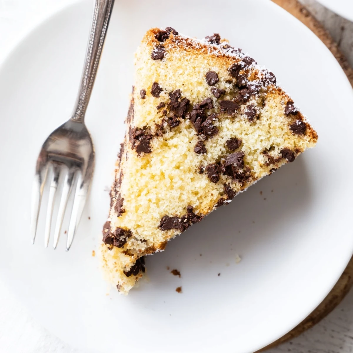 A moist Chocolate Chip Cake with golden edges, served warm with vanilla ice cream on a sunny table.  