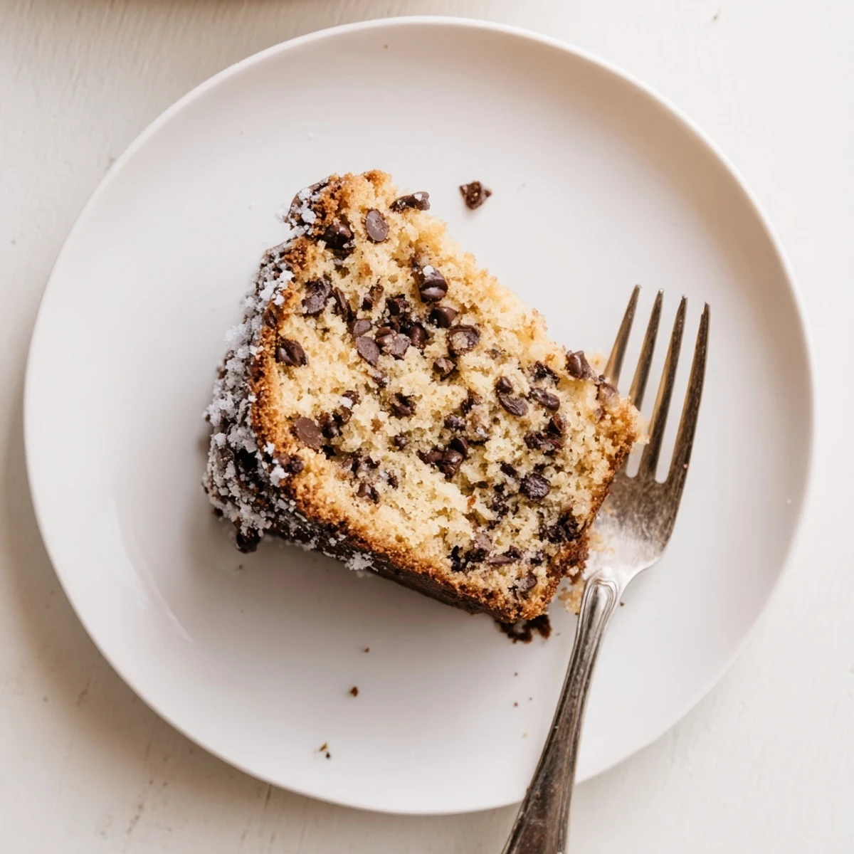Freshly baked Chocolate Chip Cake dusted with powdered sugar, presented on a rustic wooden board for dessert.