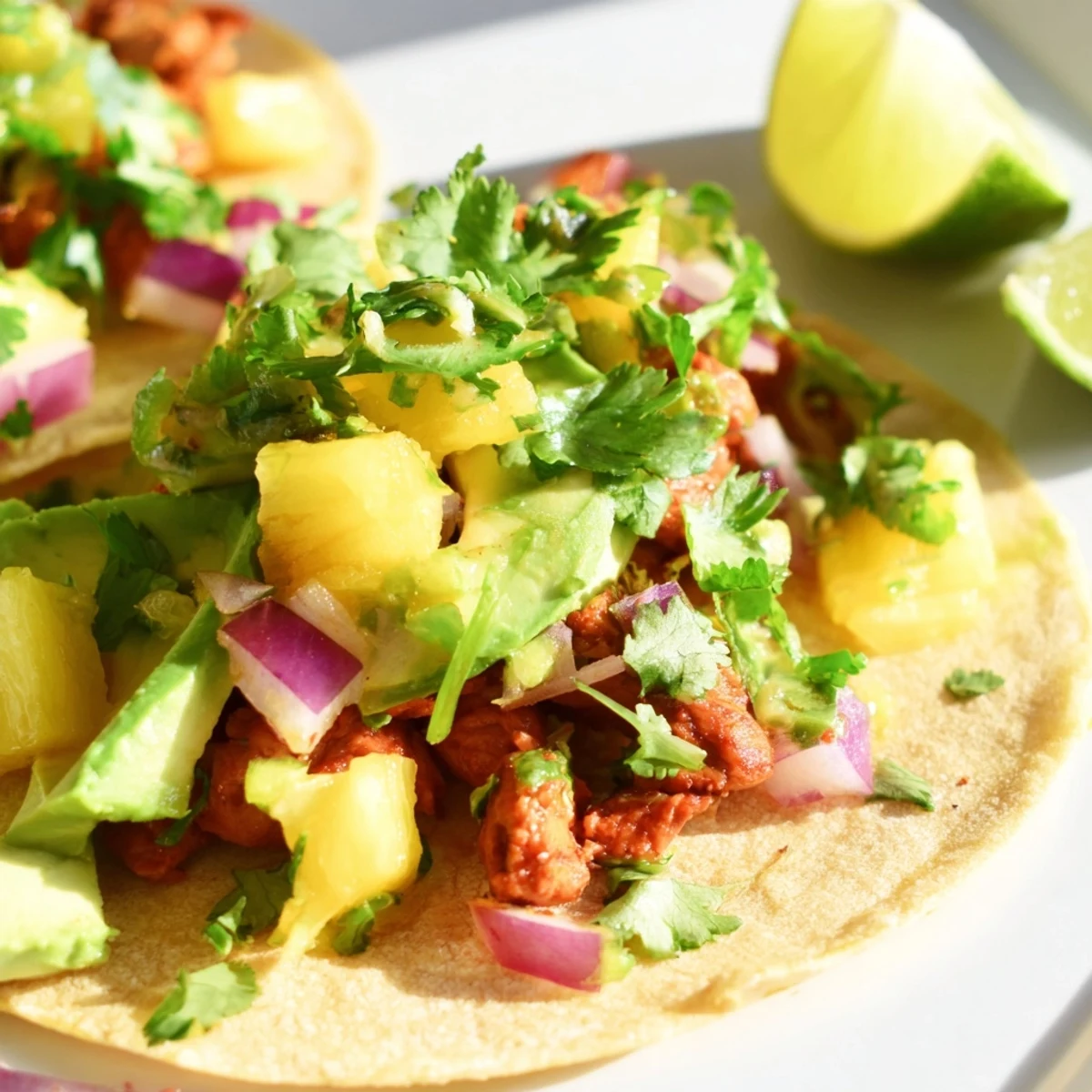 Vibrant Pineapple Chicken Tacos topped with fresh avocado and cilantro on warm corn tortillas.