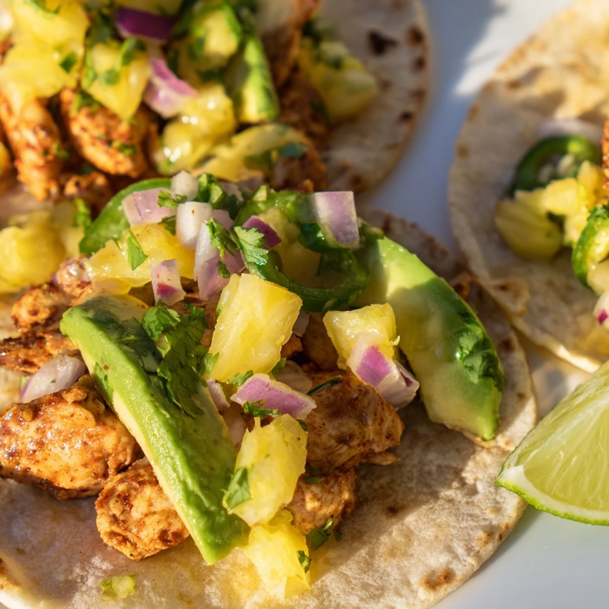 Serving platter of Pineapple Chicken Tacos with lime wedges and colorful Mexican-inspired garnishes.