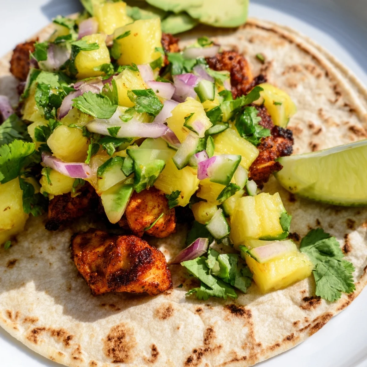 Close-up of juicy Pineapple Chicken Tacos with smoky grilled chicken and zesty pineapple salsa.