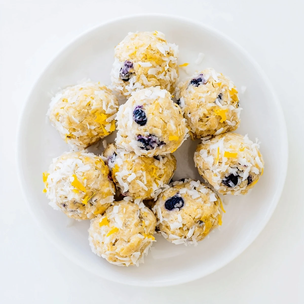 Golden, bite-sized Lemon Blueberry Cottage Cheese Protein Bites rest on a white plate, showing a soft interior studded with fresh blueberries and a hint of lemon zest.