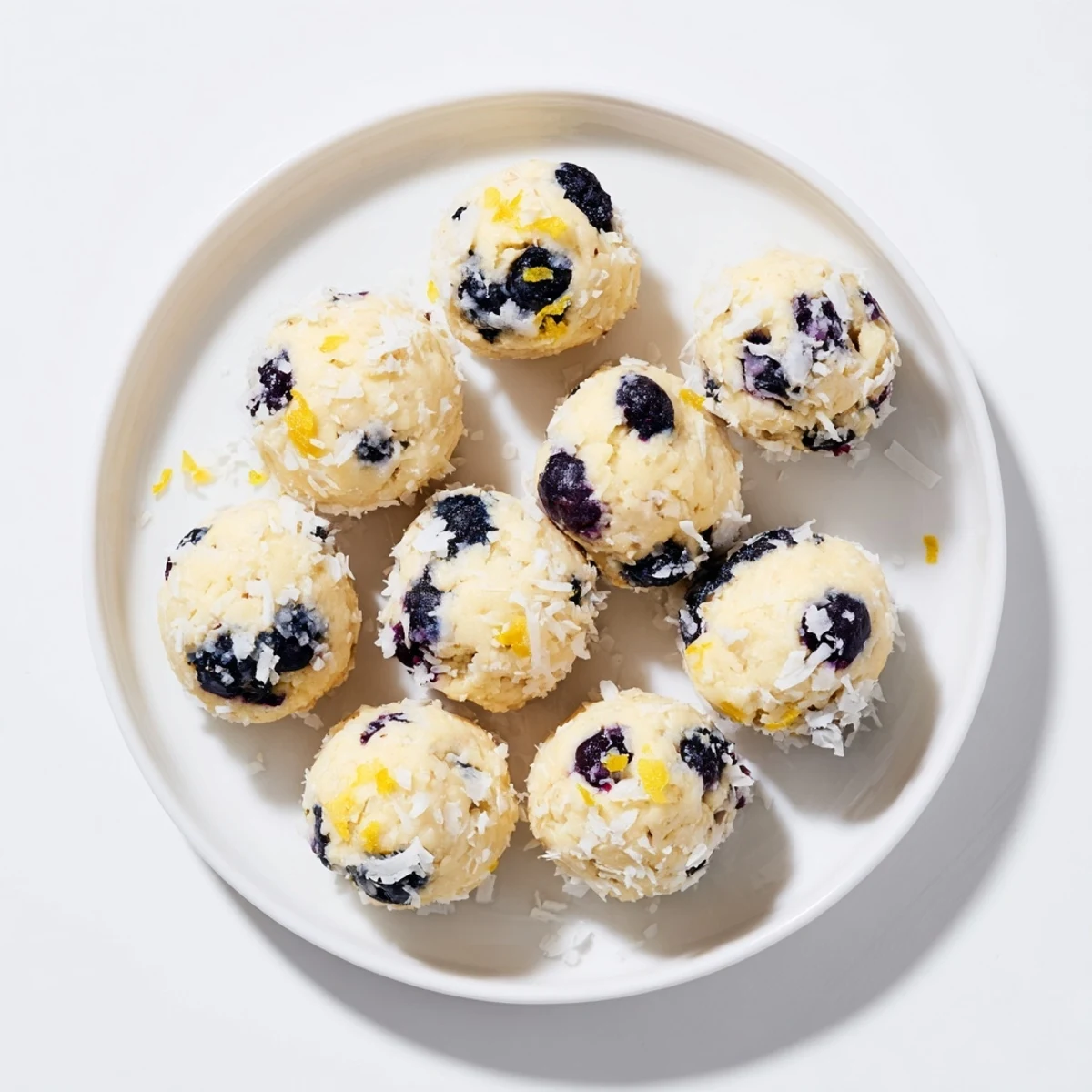 Four Lemon Blueberry Cottage Cheese Protein Bites are arranged on a marble countertop next to a glass of iced tea, perfect for a healthy afternoon snack.