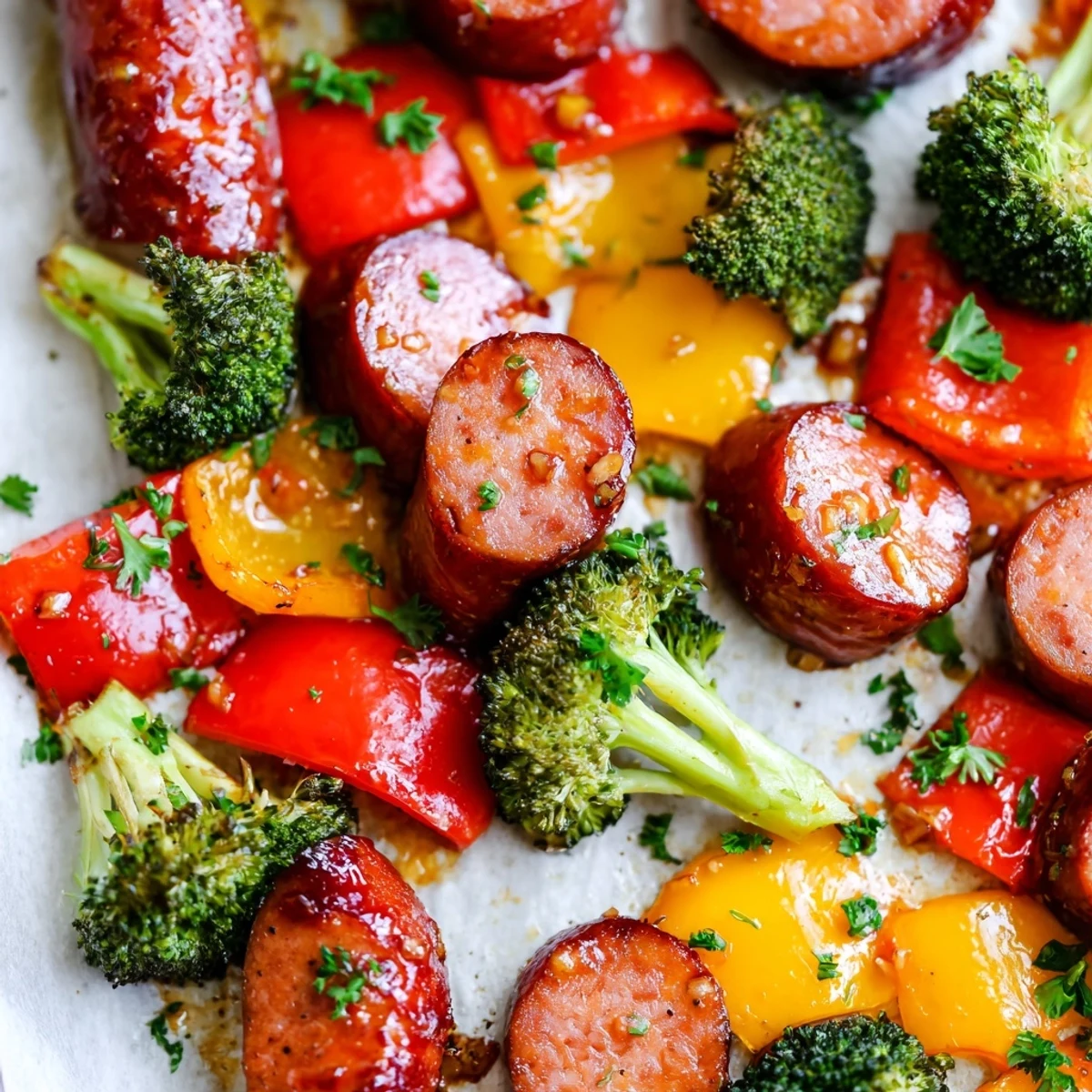 Golden roasted kielbasa and colorful vegetables glazed with honey garlic on a sheet pan