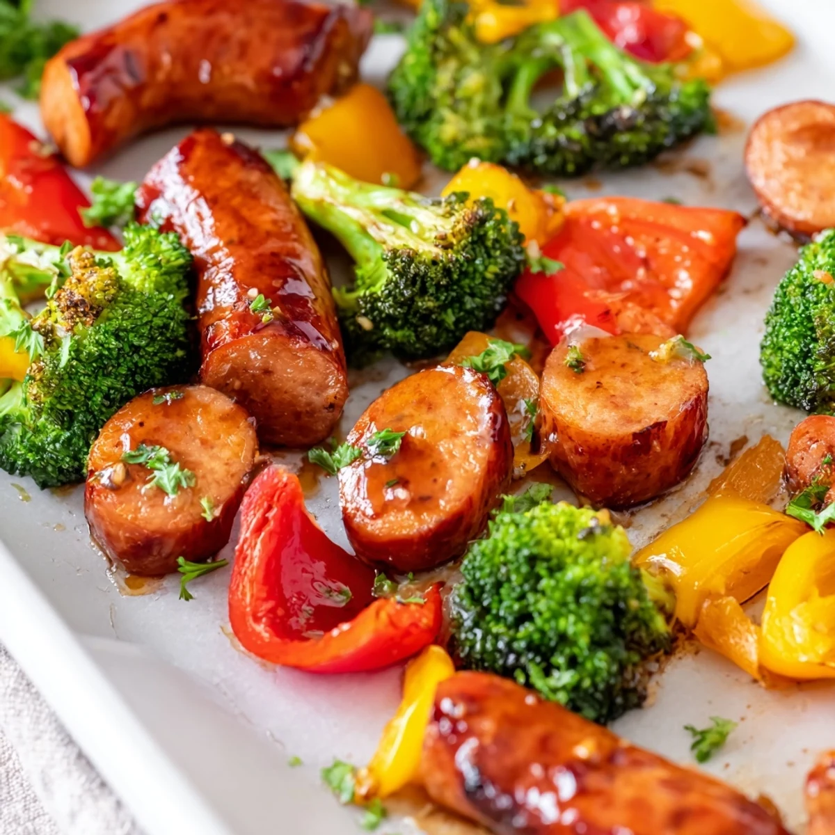 One pan honey garlic kielbasa with tender caramelized broccoli peppers and onions