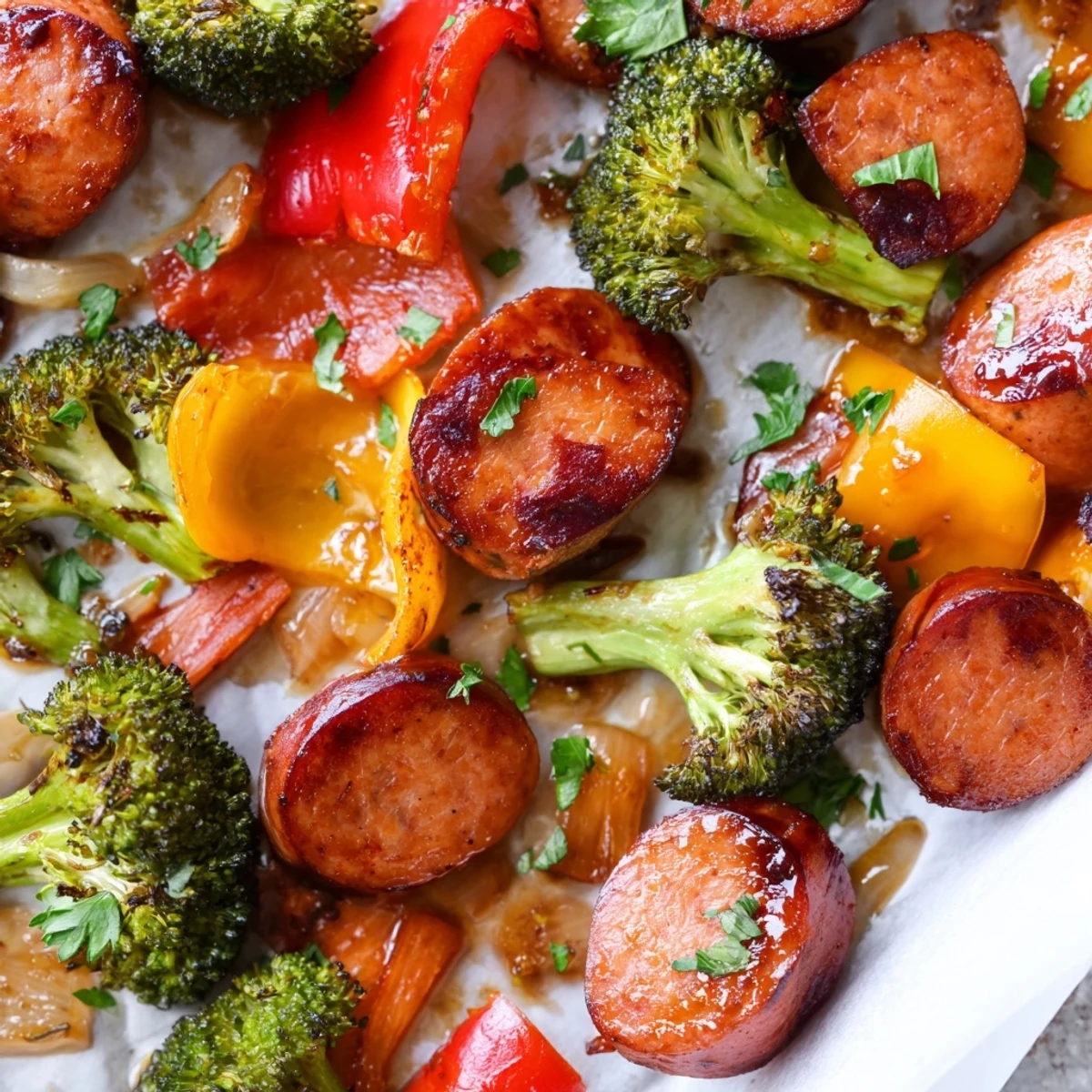 Savory kielbasa sausage and veggies roasted in sweet honey garlic sauce on single baking sheet