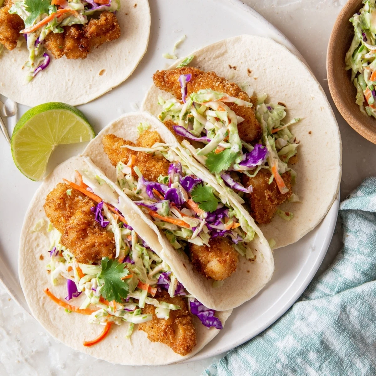 Golden fried fish fillets nestled in warm tortillas topped with vibrant purple and green cabbage slaw