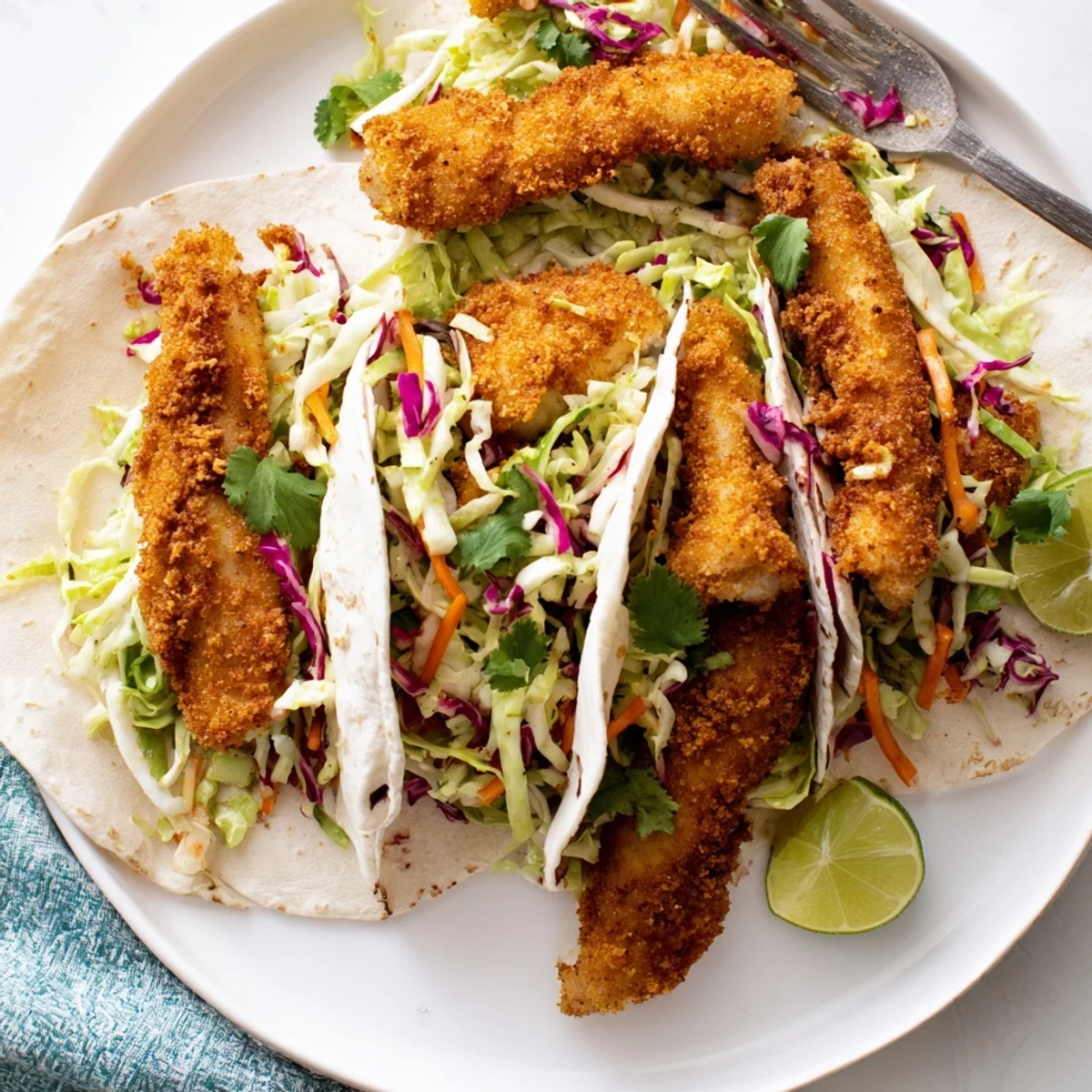 Golden brown crispy fish tacos with zesty lime dressed slaw overflowing from soft corn tortillas