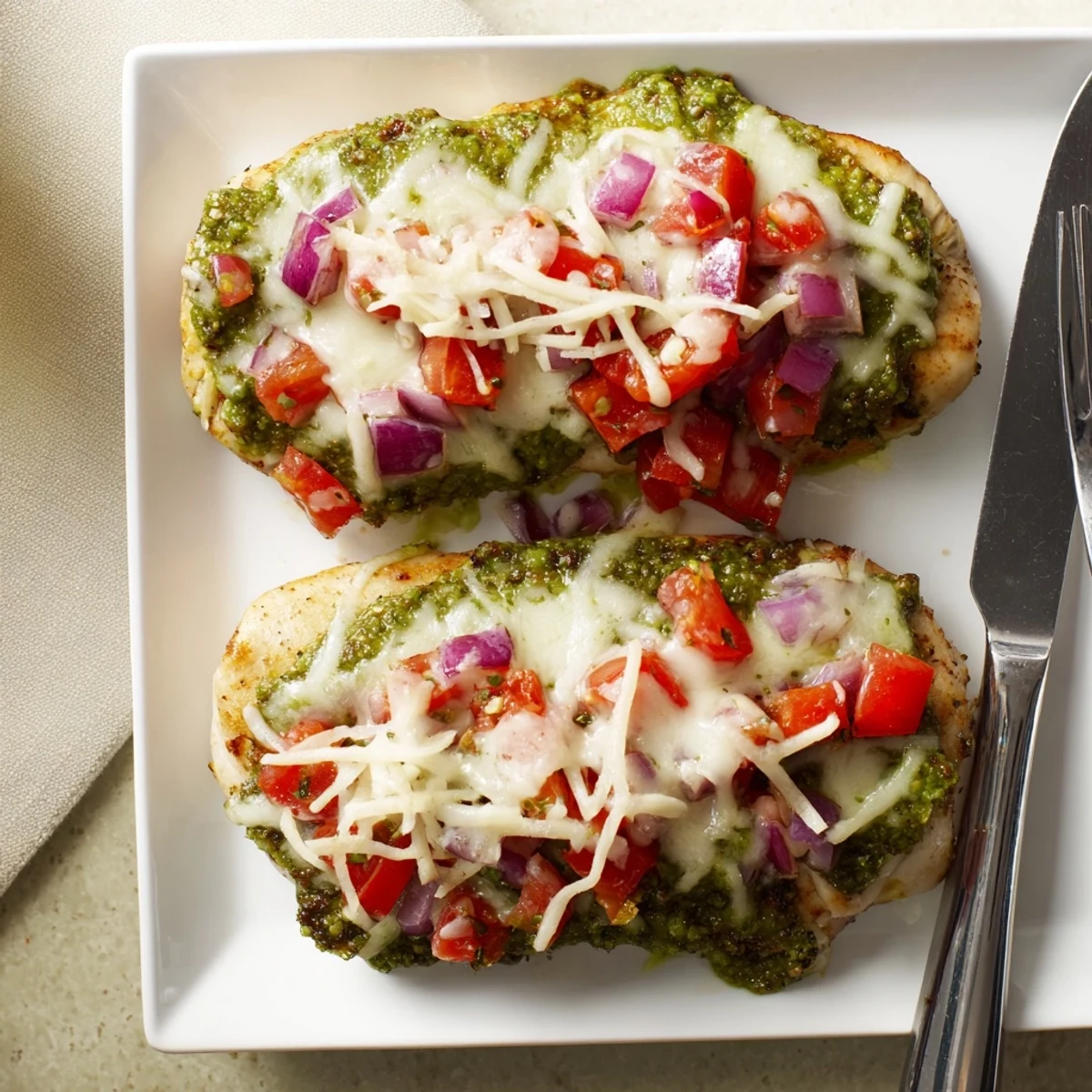 Golden baked pesto bruschetta chicken topped with melted mozzarella and fresh tomato bruschetta