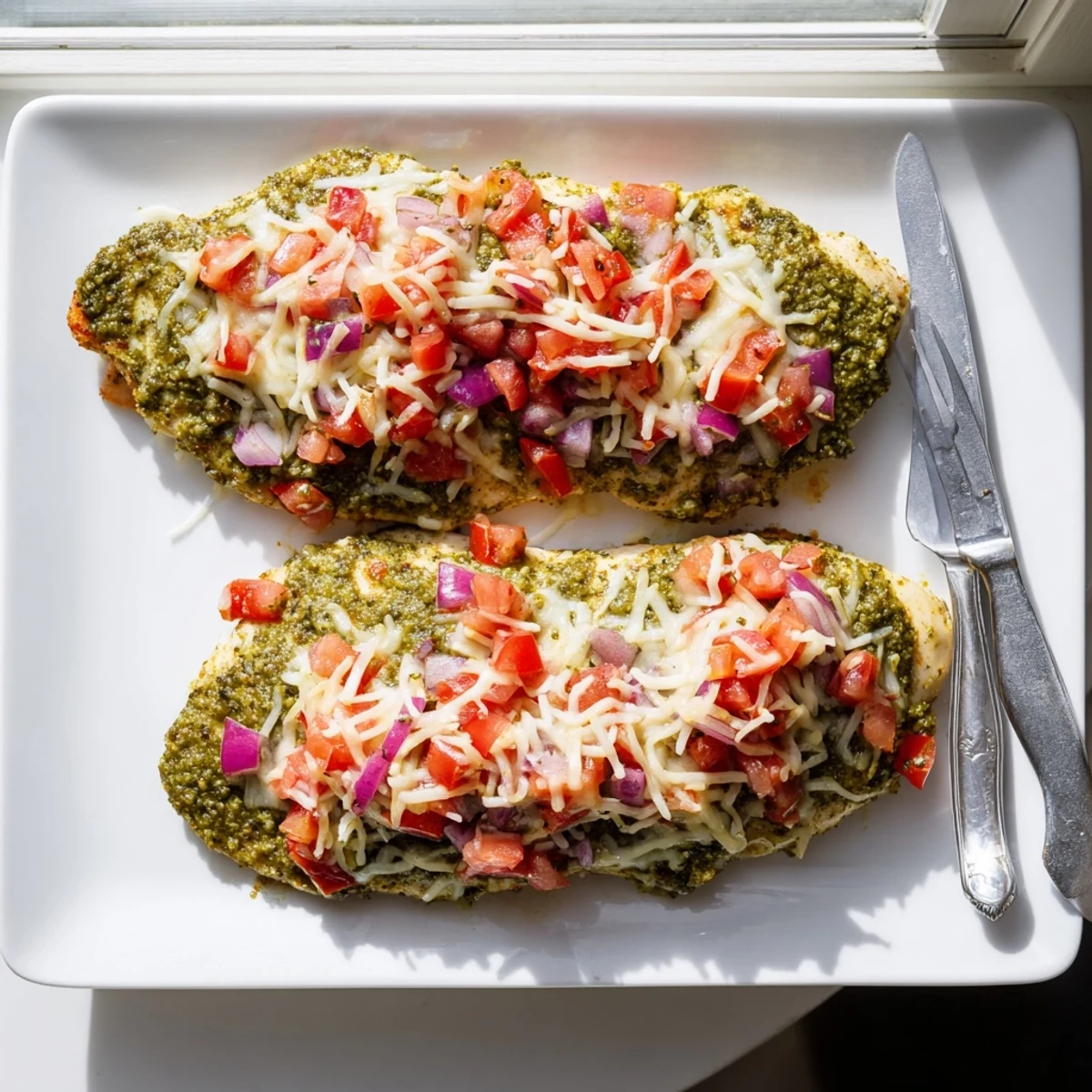 Tender chicken breasts layered with basil pesto, juicy diced tomatoes, and bubbly cheese