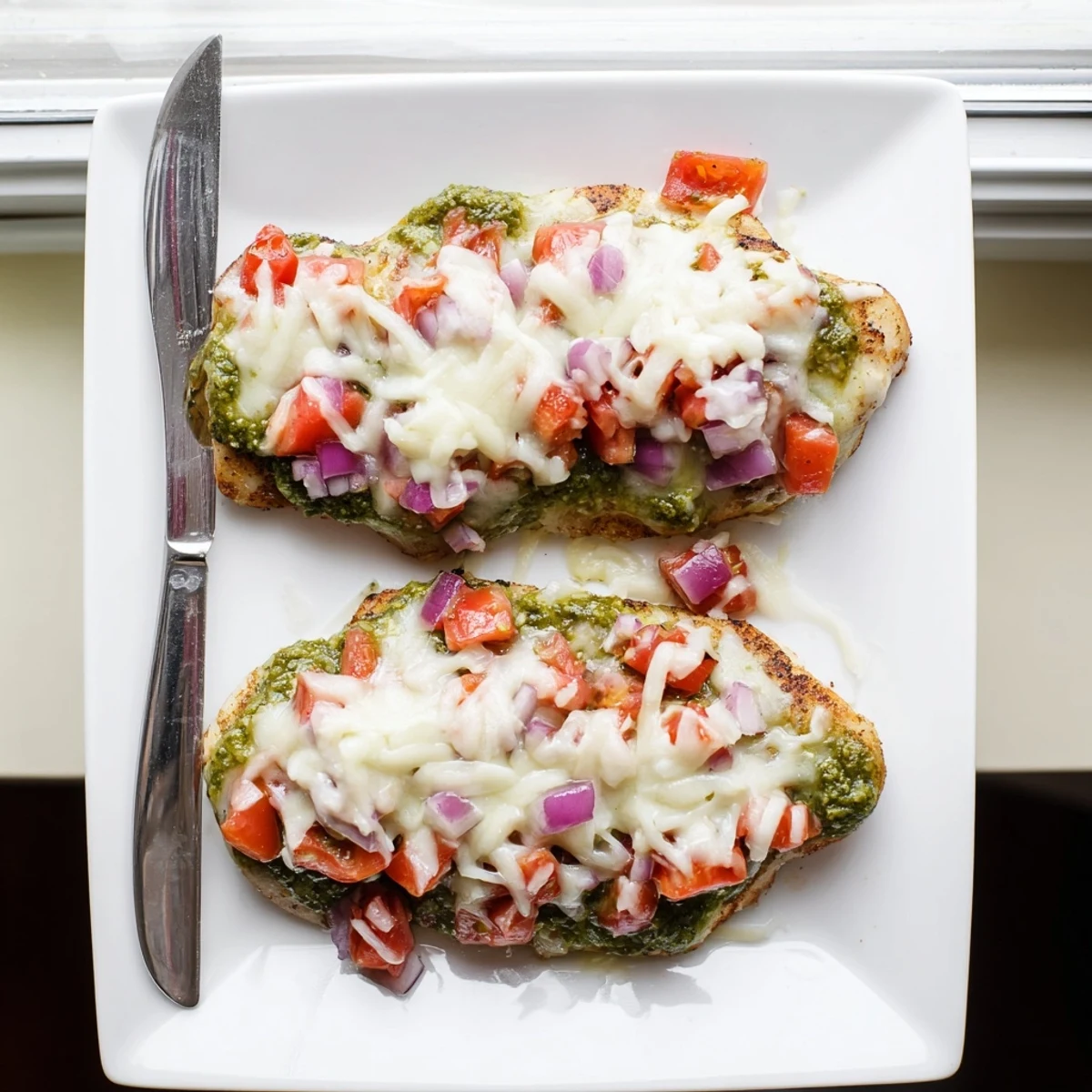Italian-style pesto bruschetta chicken with colorful tomato topping and melted mozzarella cheese