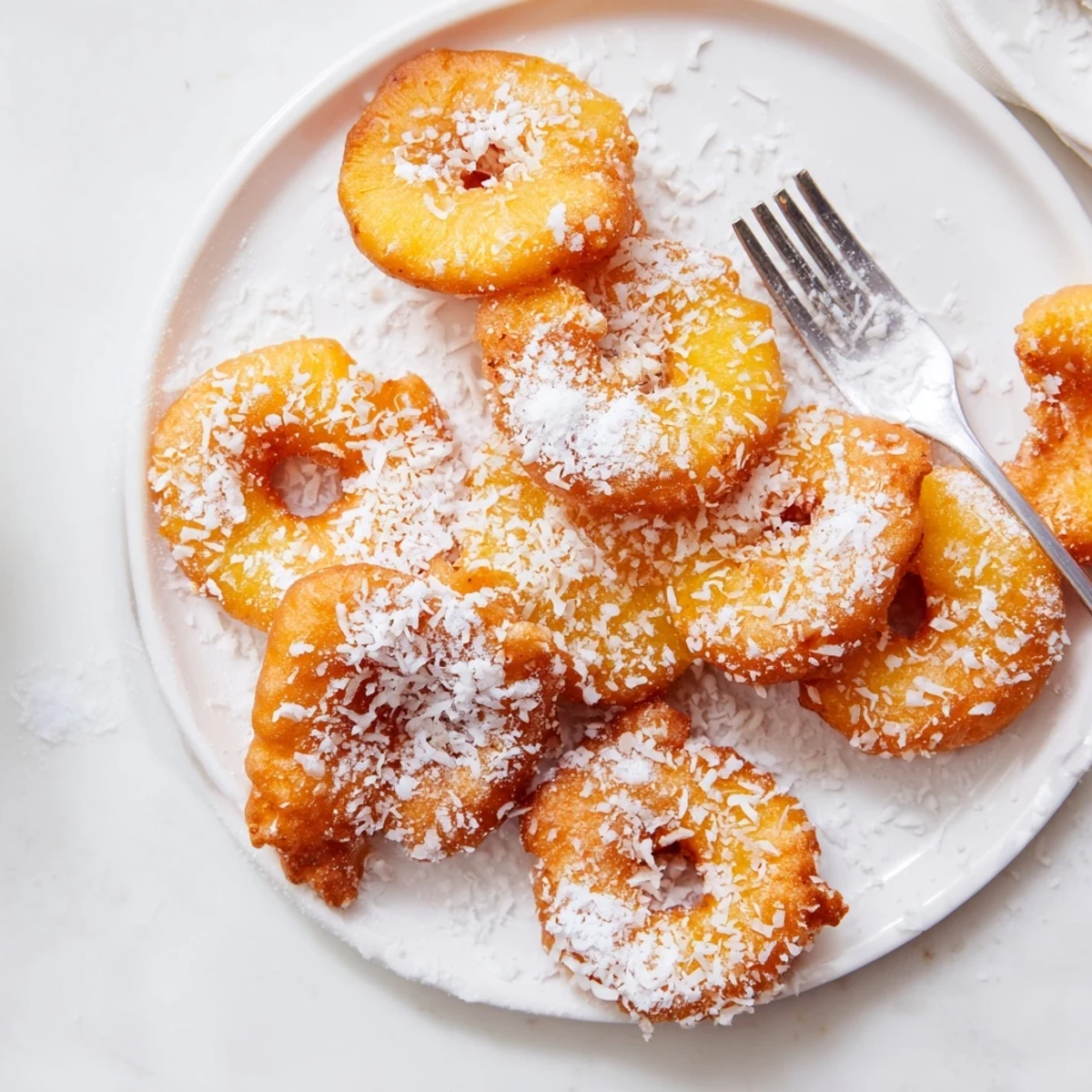 Warm coconut pineapple fritters frying in hot oil until crispy and golden brown