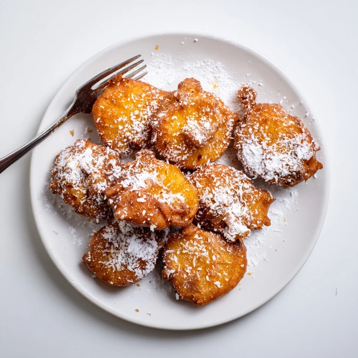 Plate of pineapple fritters topped with powdered sugar and toasted coconut flakes