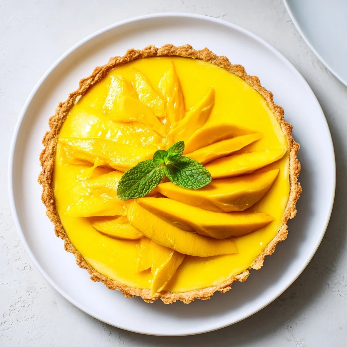 Creamy mango curd tart garnished with mint leaves on rustic wooden serving board