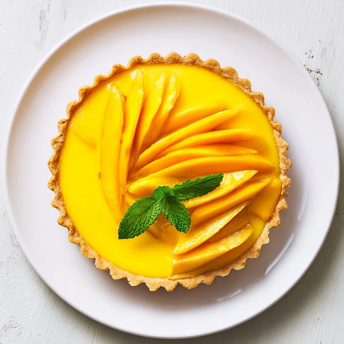 Golden mango curd tart with buttery crust and fresh mango slices on white plate
