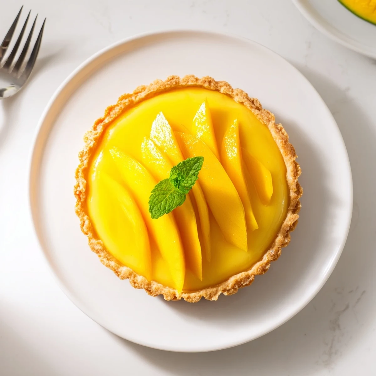 Slice of vibrant mango curd tart revealing silky yellow filling and crisp golden crust