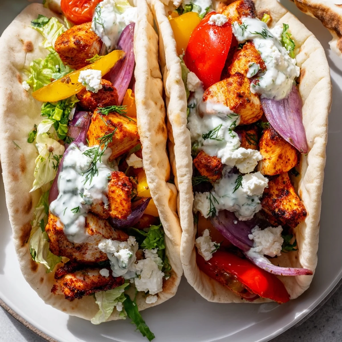Golden sheet pan chicken pitas stuffed with roasted vegetables and creamy herby ranch sauce