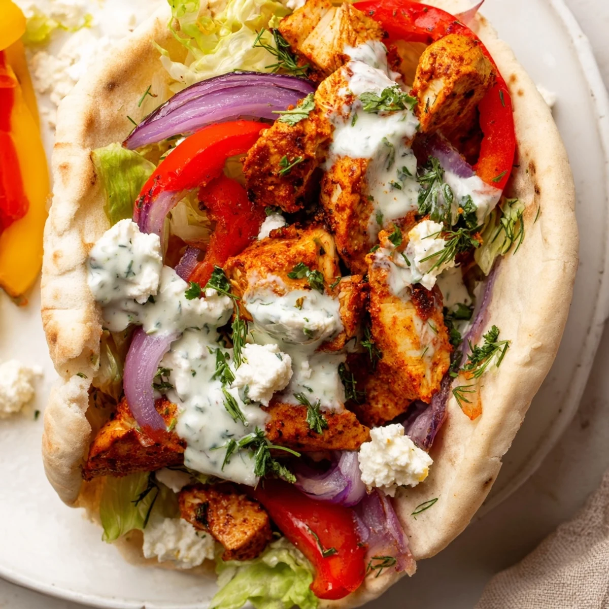 Warm pita bread filled with spiced roasted chicken, colorful peppers, and tangy homemade ranch