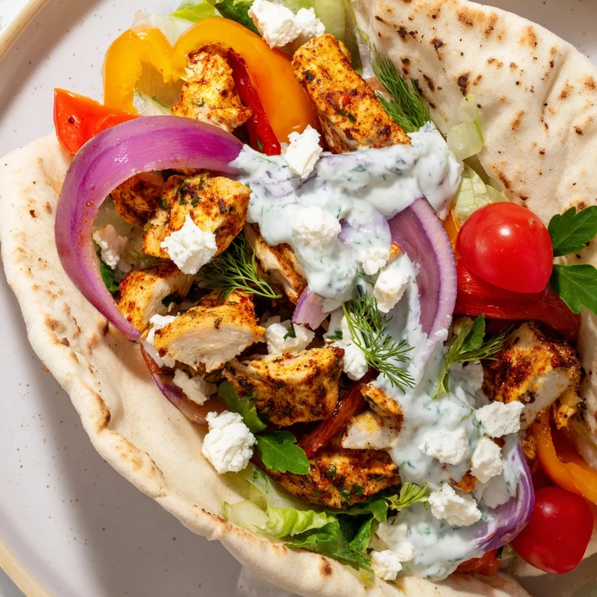 Family-friendly chicken pitas loaded with tender roasted veggies and fresh herbed ranch dressing