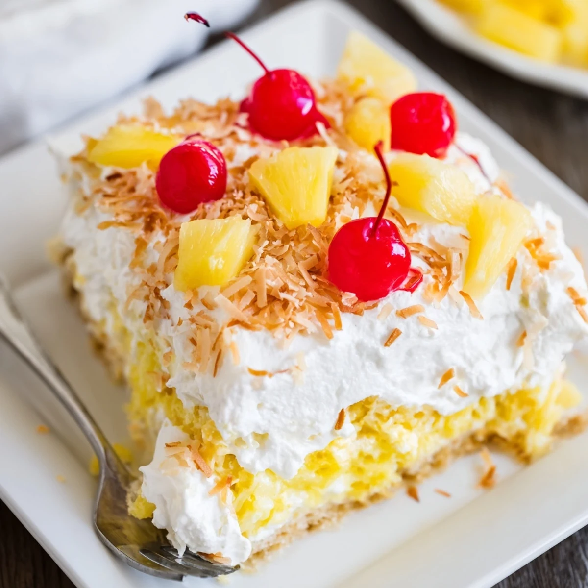 Hawaiian poke cake topped with fluffy whipped cream and golden toasted coconut flakes