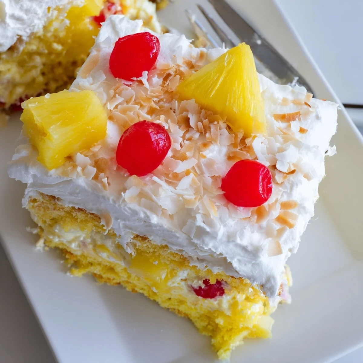 Tropical Hawaiian poke cake drizzled with sweet coconut milk and pineapple pudding filling