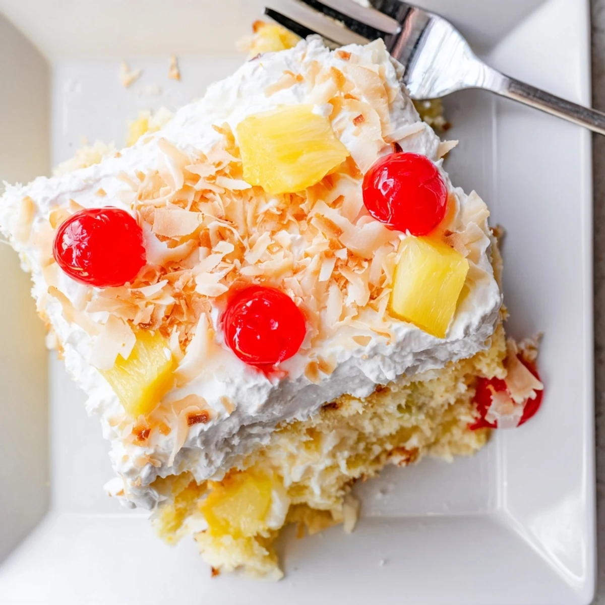 Slice of chilled Hawaiian poke cake showing creamy layers and garnish of fresh pineapple