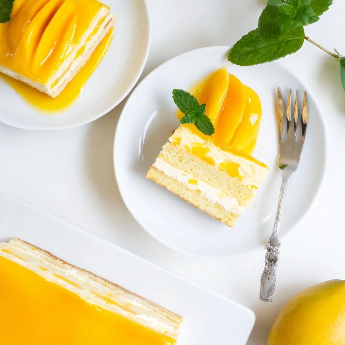 Golden mango mousse cake with glossy glaze and fresh mango slices on white plate