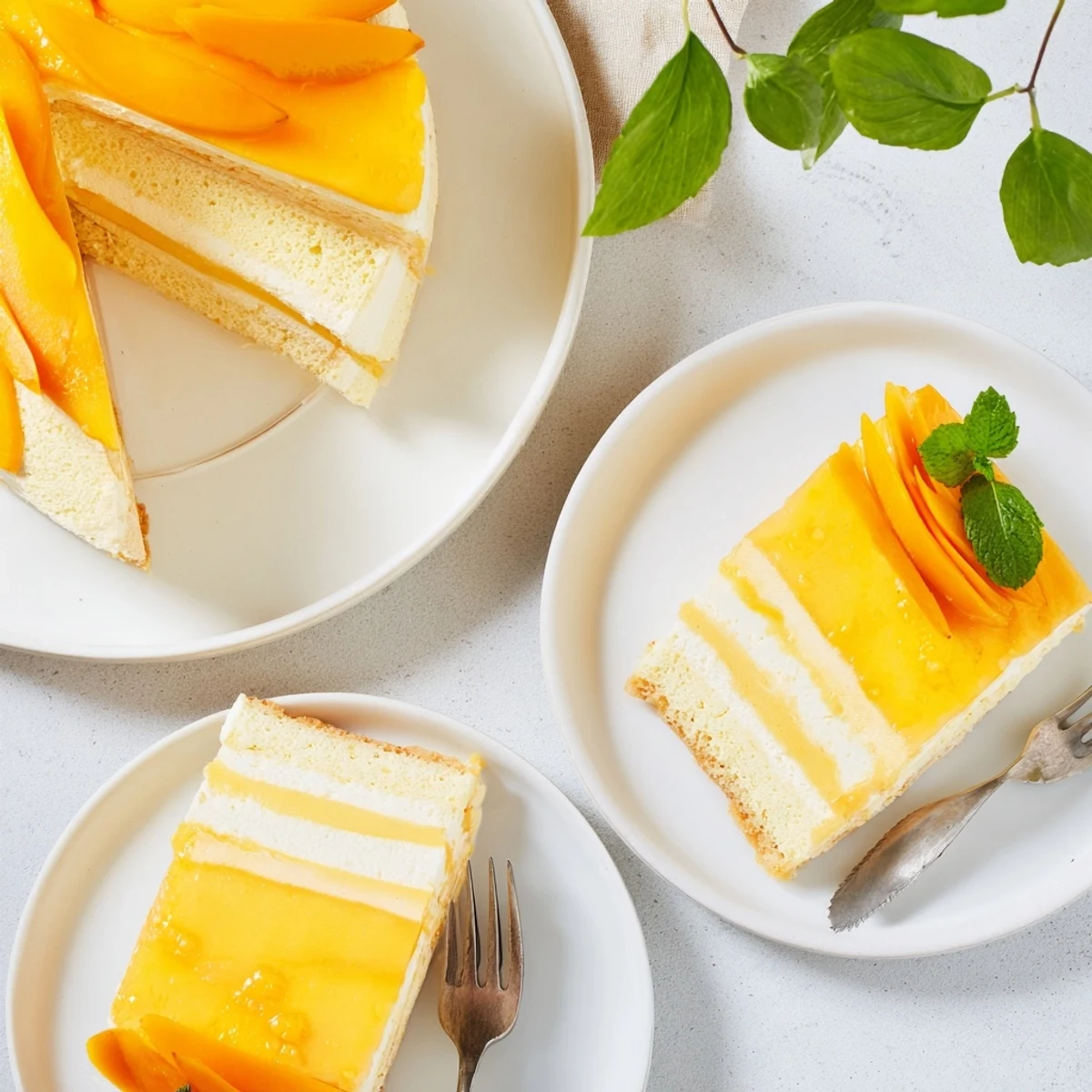 Light and airy mango mousse cake layered on tender sponge with vibrant yellow glaze
