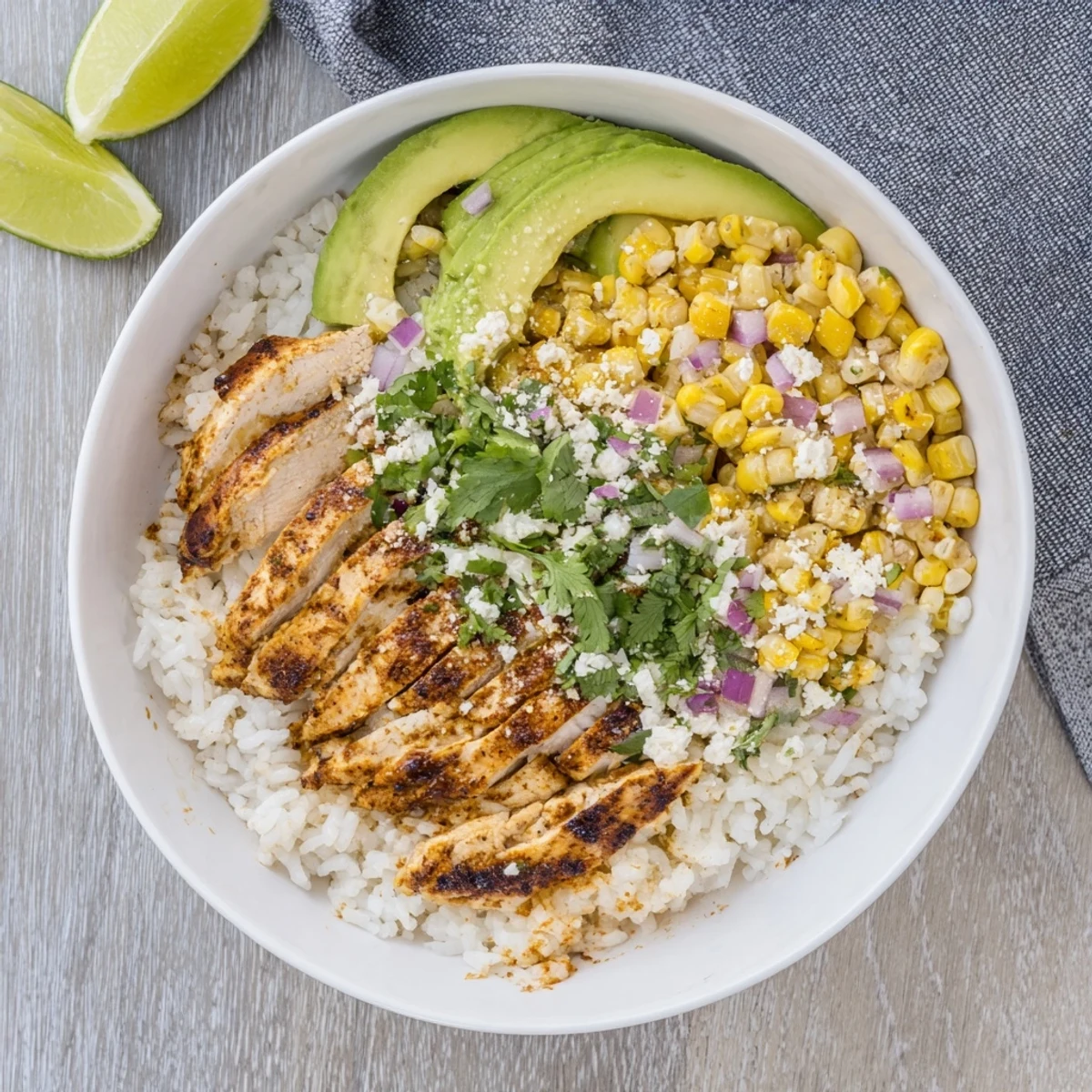 Colorful street corn chicken rice bowl featuring grilled chicken, zesty corn, and fresh avocado slices