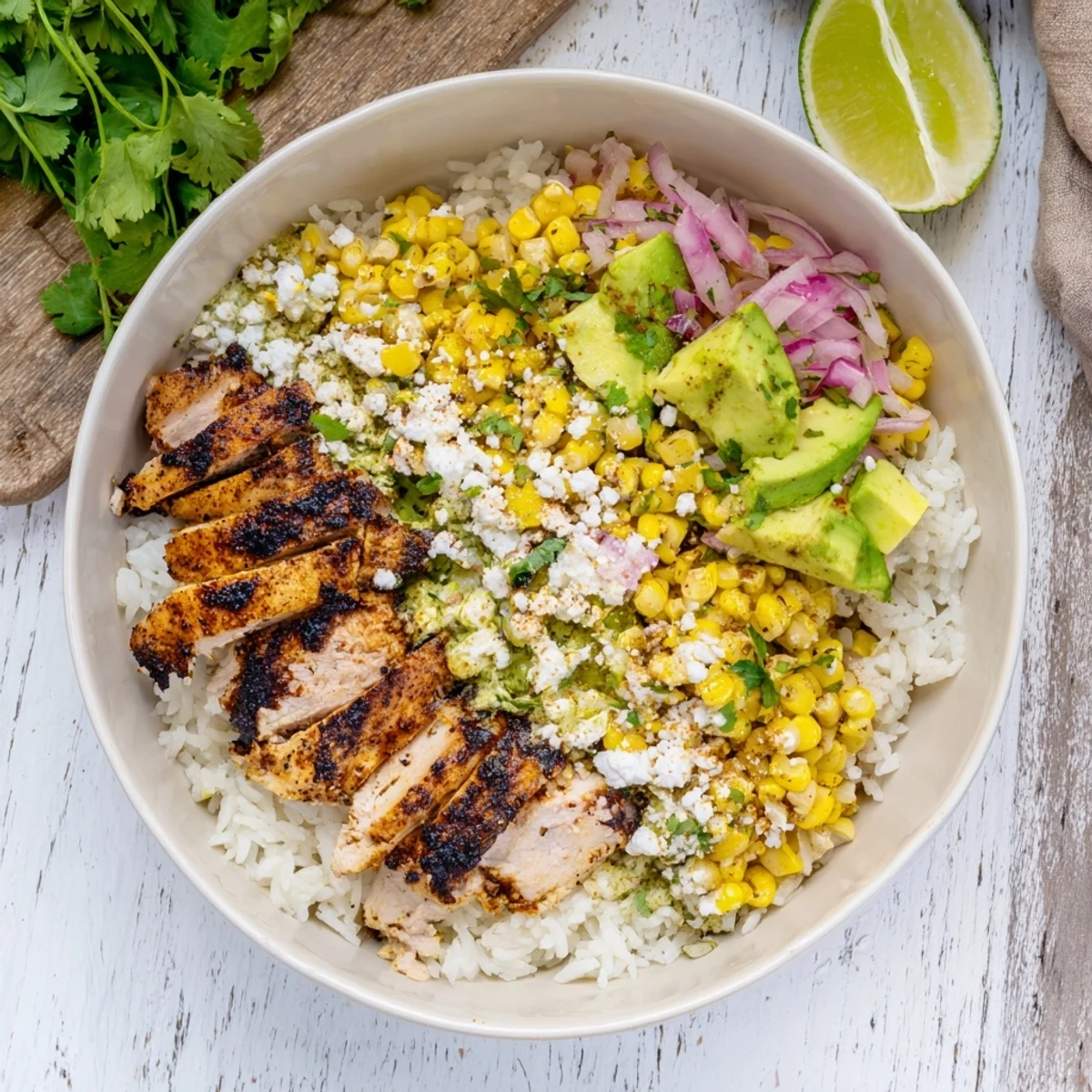 Juicy spiced chicken atop fluffy rice topped with tangy street corn and creamy cotija cheese
