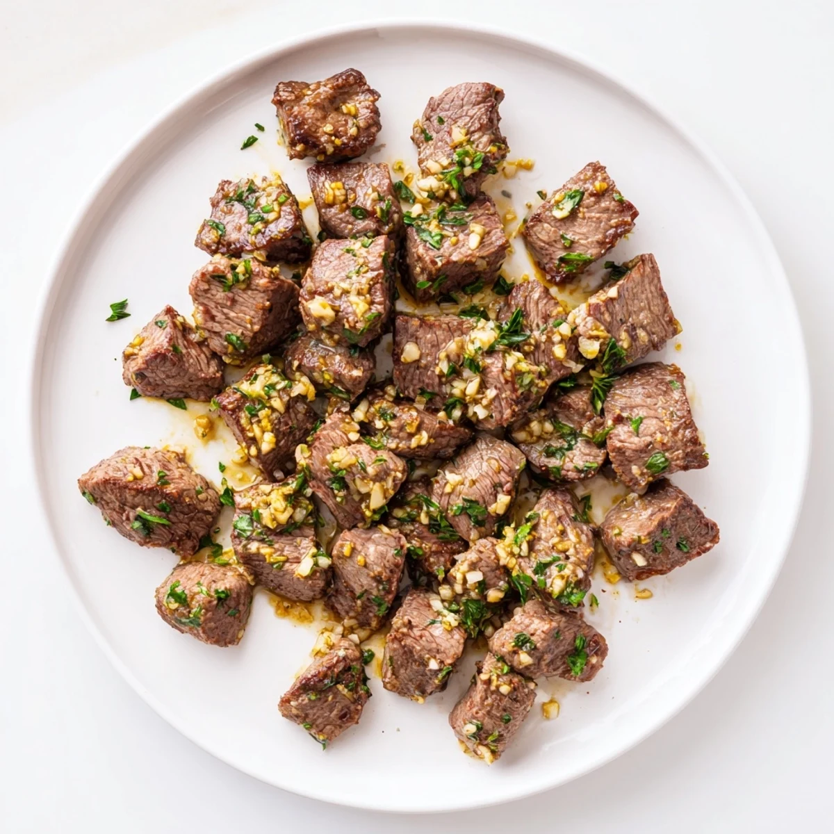 Golden brown garlic butter steak bites sizzling in a cast iron skillet with melted butter and fresh parsley garnish