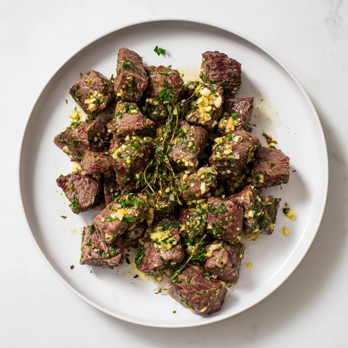 Perfectly cooked garlic butter steak bites arranged on a platter with glistening sauce and chopped parsley sprinkled on top